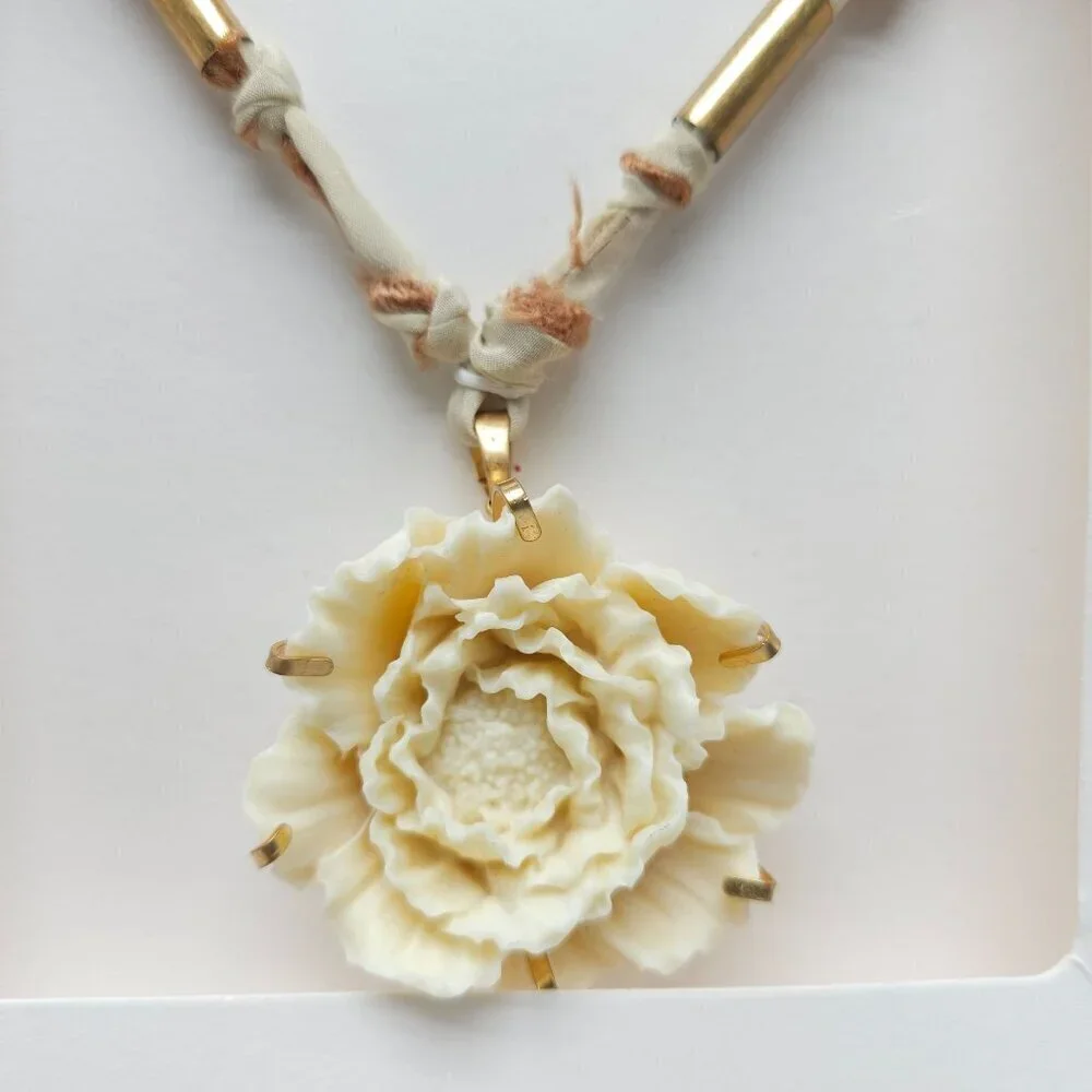 Zara Cream Floral Pendant Necklace With Gold Accents Knotted Fabric Cord